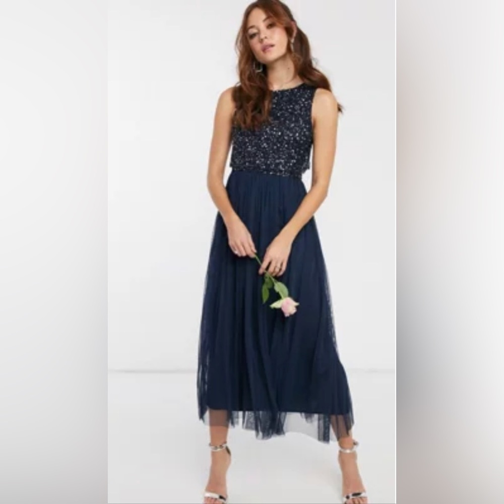 Sleeveless midaxi tulle dress with tonal delicate sequin overlay in navy